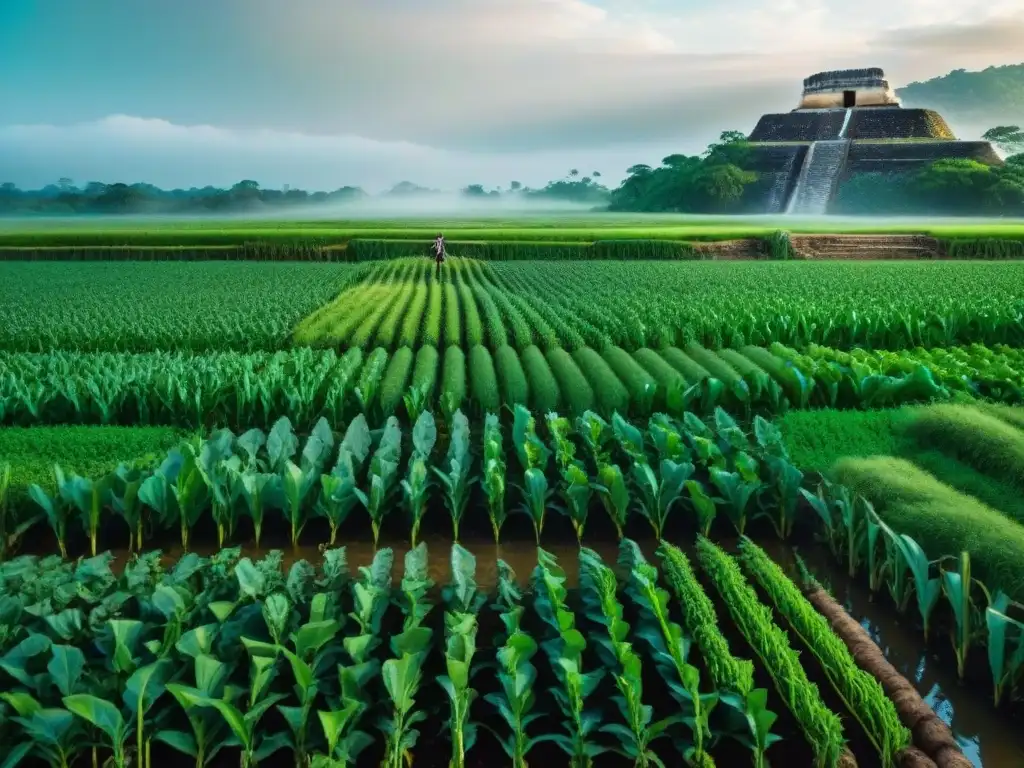 Campo agrícola maya con sistemas de riego, uso sostenible del agua en cultivos mayas