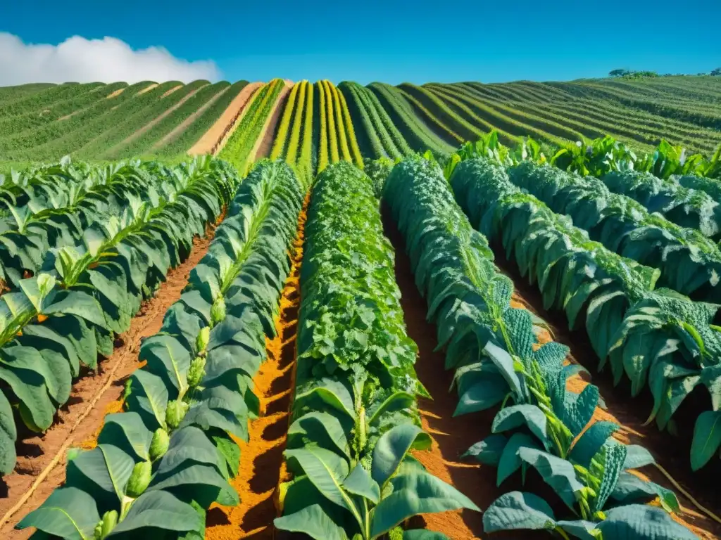 Milpa maya ancestral: armonía de maíz, frijol y calabaza Un campo agrícola maya tradicional muestra maíz, frijoles y calabaza intercalados en armonía