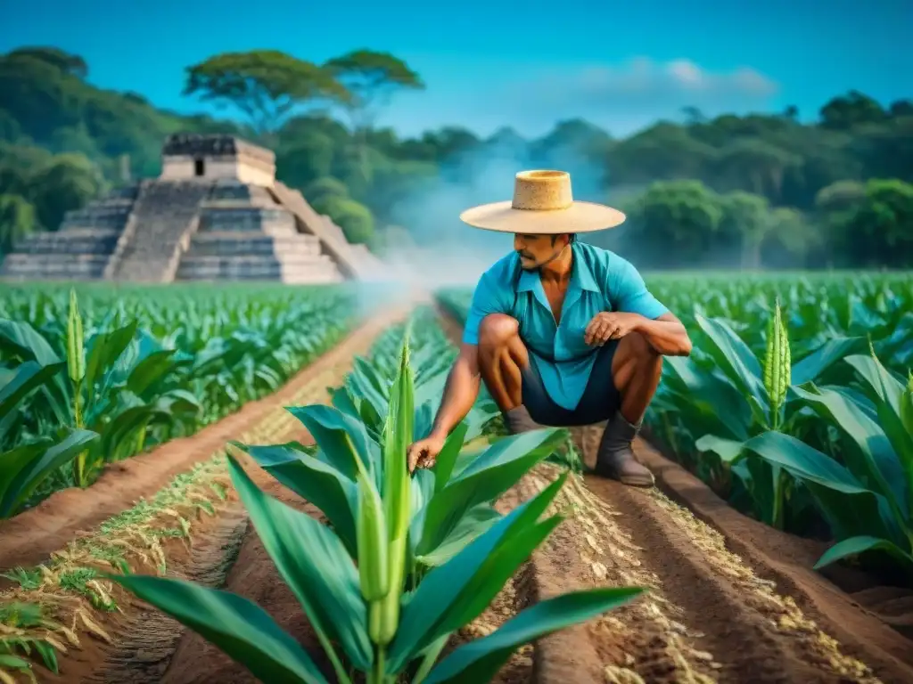 Un campo de maíz verde exuberante, un agricultor maya tradicional plantando semillas con ruinas antiguas al fondo