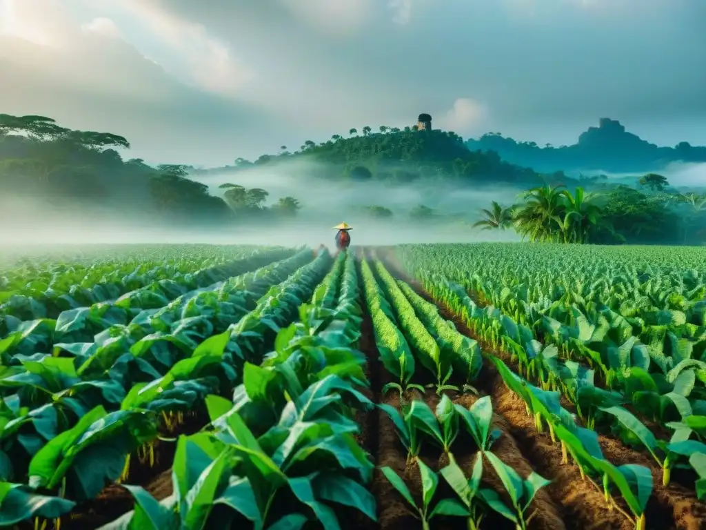 Un campo agrícola maya verde exuberante con prácticas sostenibles, un agricultor tradicional y ruinas antiguas