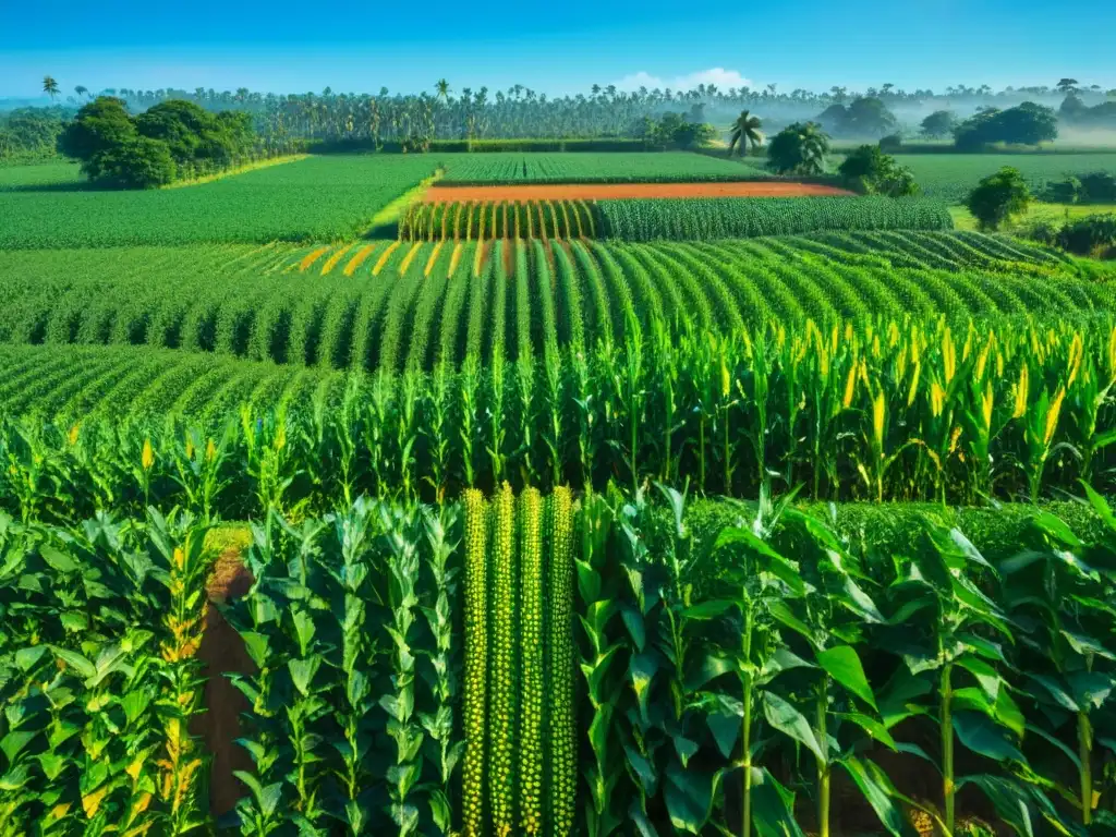 Un campo de maíz verde exuberante bajo el sol, destaca el desarrollo matemático en la agricultura maya