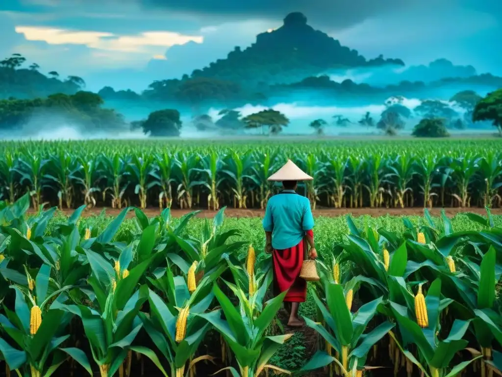 Un campo de maíz vibrante y exuberante, con un agricultor Maya cuidando las plantas