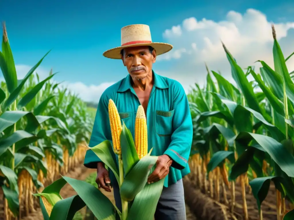 Un campo de maíz vibrante y exuberante con un agricultor maya examinando tiernamente las mazorcas