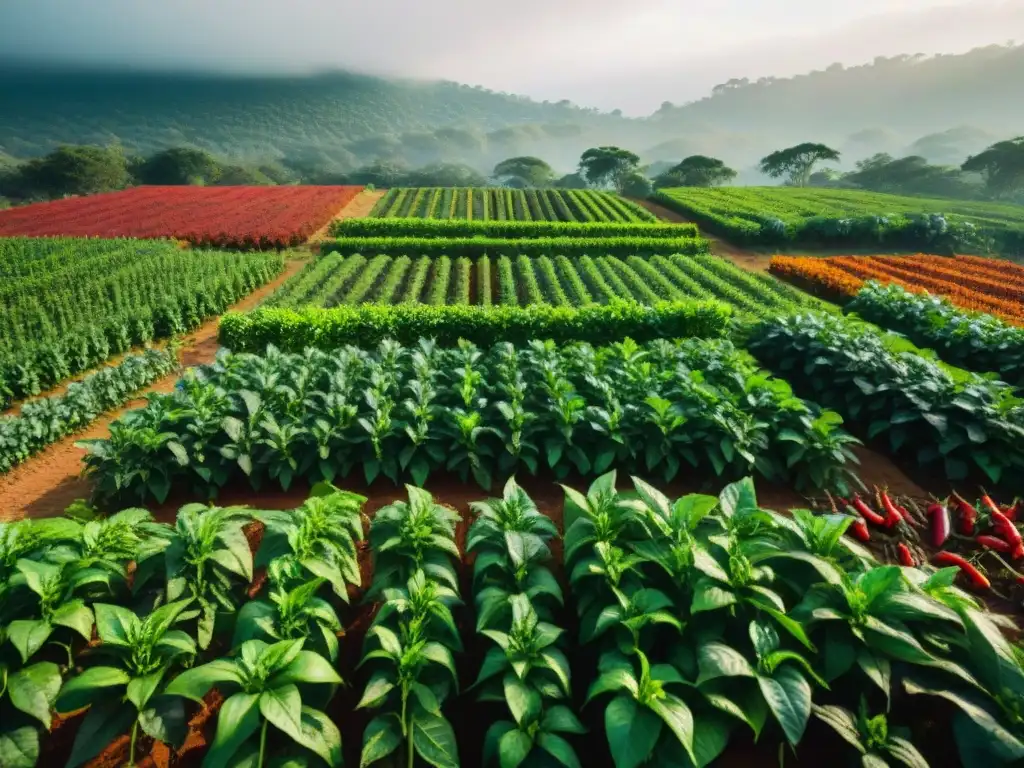 Un campo vibrante y exuberante de chiles en diferentes etapas de crecimiento, con ruinas mayas al fondo