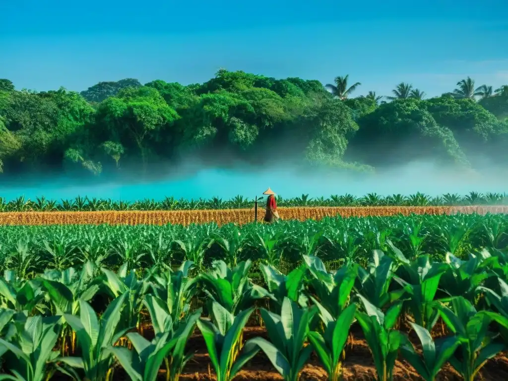 Un campo de maíz vibrante y exuberante con técnicas agrícolas mayas sostenibles