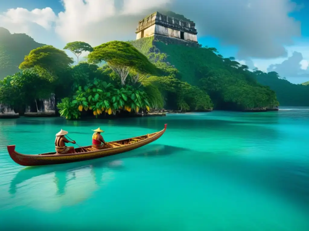 Una canoa maya navegando en aguas cristalinas del Caribe, cargada de bienes para comercio