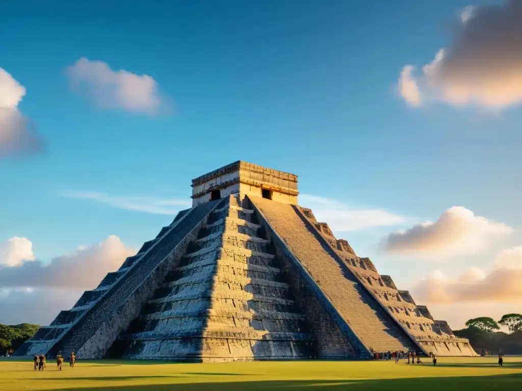 El Castillo en Chichén Itzá bañado por la luz dorada del atardecer, con símbolos celestiales Maya