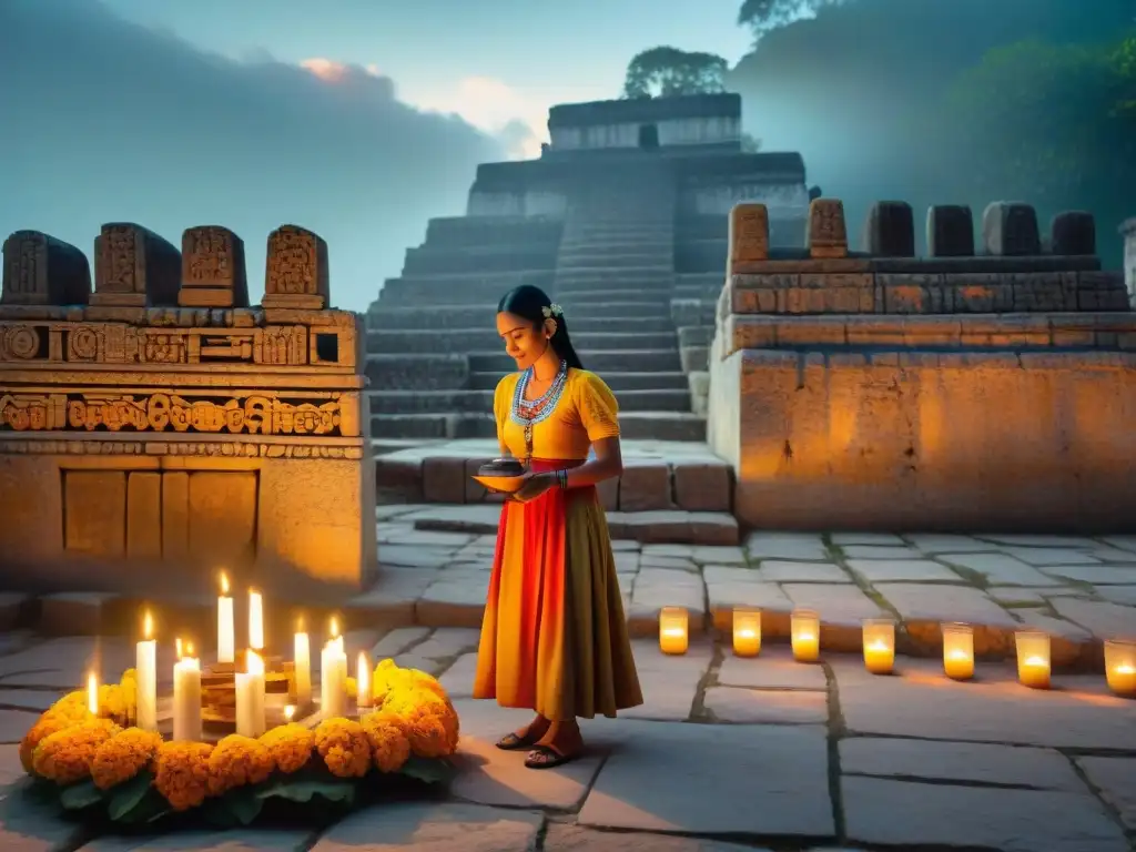 Una celebración Día de los Muertos Maya: grupo en trajes tradicionales en un altar decorado con flores y velas