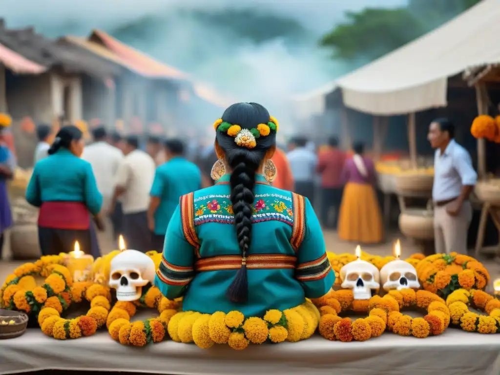 En la celebración del Día de los Muertos Maya, un bullicioso mercado con colores vibrantes, altares adornados y niños jugando