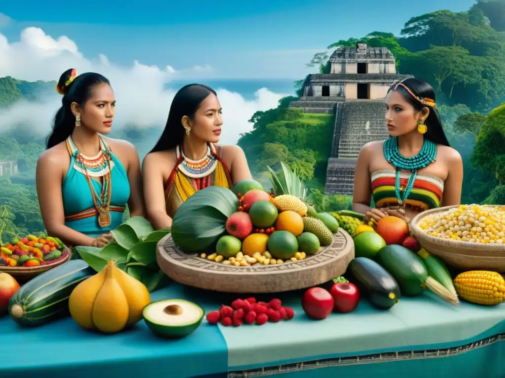 Celebración de la alimentación maya: detallada escena de hombres y mujeres preparando un festín ceremonial en la jungla