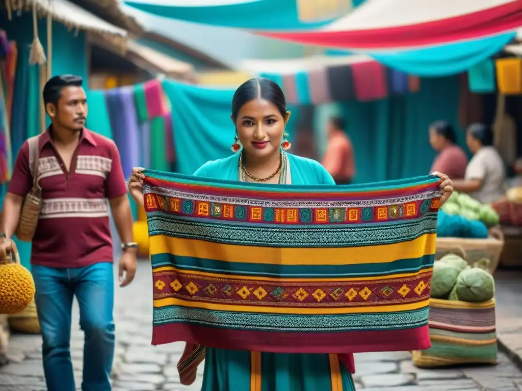 Celebraciones culturales en la civilización maya: Textil maya colorido en mercado bullicioso de Guatemala