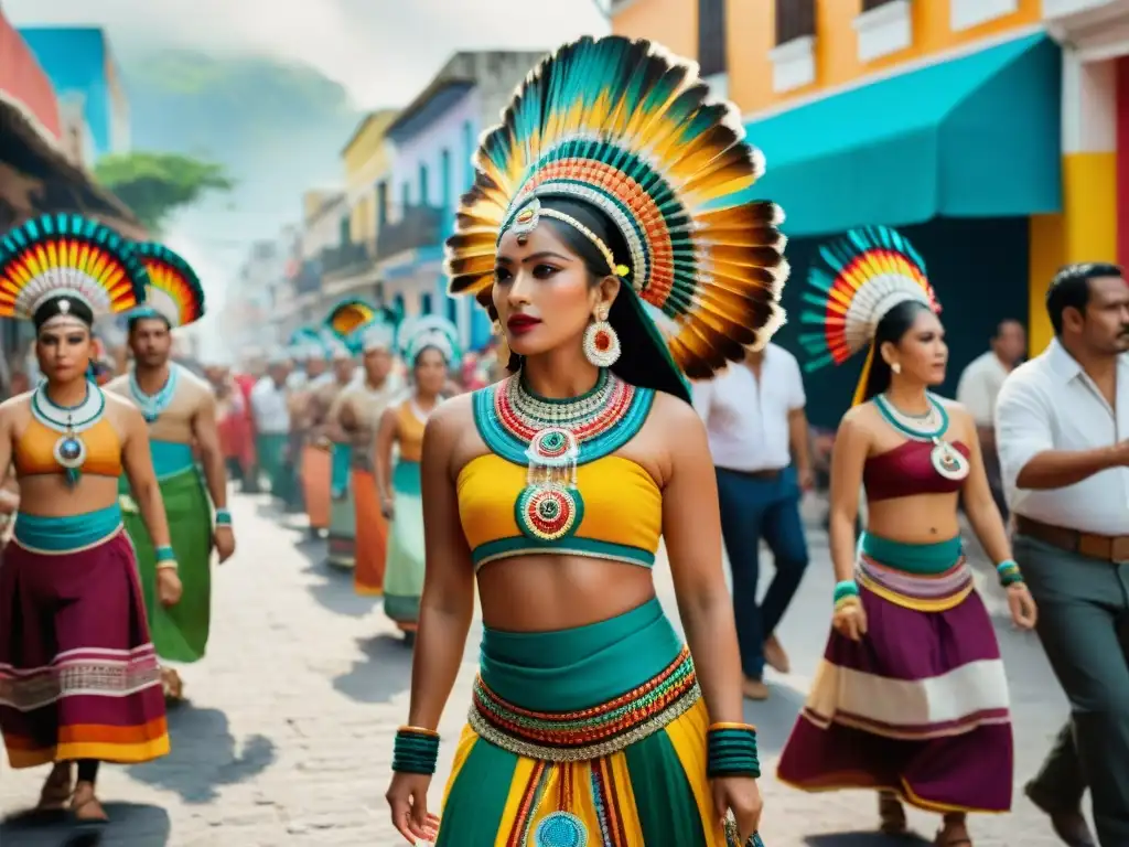 Celebraciones mayas en ciudades: Colorida danza ceremonial en Mérida, Yucatán, con trajes tradicionales y espectadores admirados