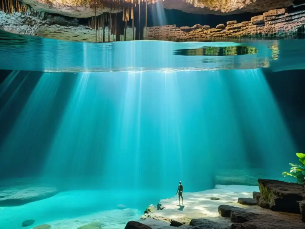 Un cenote en la Península de Yucatán con agua turquesa cristalina, raíces intrincadas y una relación sagrada maya cenotes