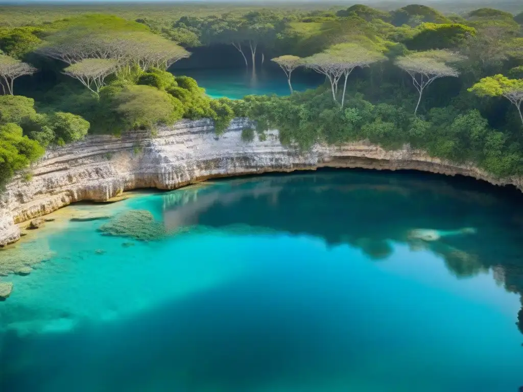 Un cenote en el corazón de la Península de Yucatán, aguas turquesas cristalinas reflejan el dosel verde de la selva