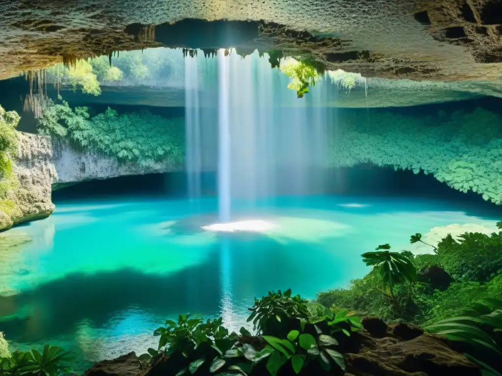 Un cenote en la cultura maya: agua turquesa, selva exuberante, rayo de luz en la caverna