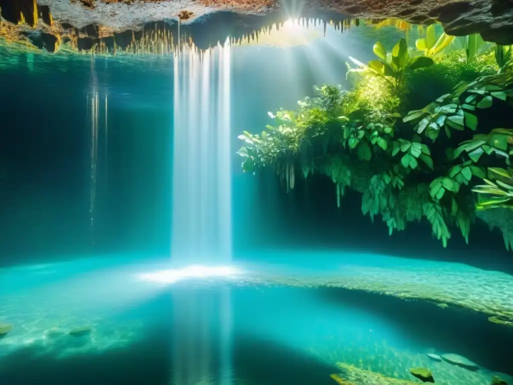 Un cenote exuberante rodeado de densa vegetación, aguas turquesas cristalinas y formaciones rocosas intrincadas bajo la luz filtrada del sol