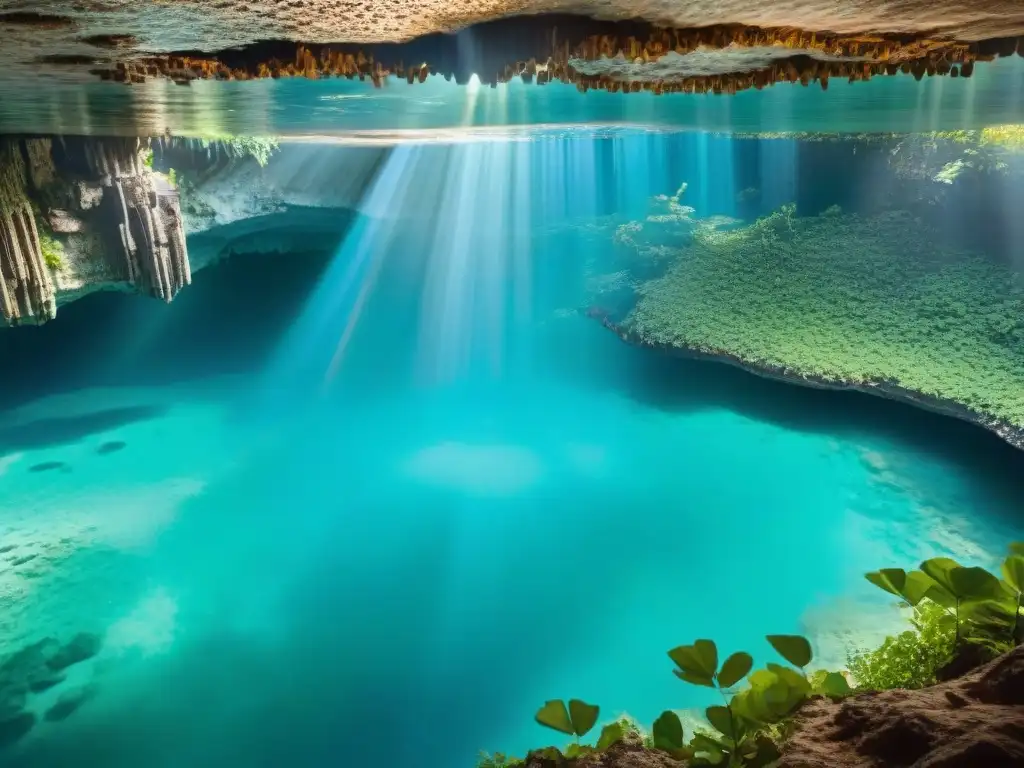 Un cenote mágico en la Península de Yucatán: aguas turquesa, vegetación exuberante y formaciones rocosas