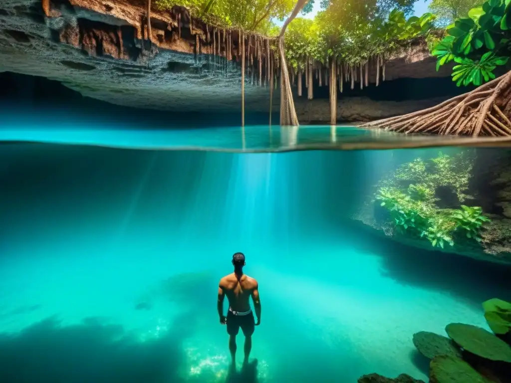 Un cenote mágico en la exuberante selva de Yucatán, con aguas turquesas rodeadas de raíces intrincadas de árboles antiguos