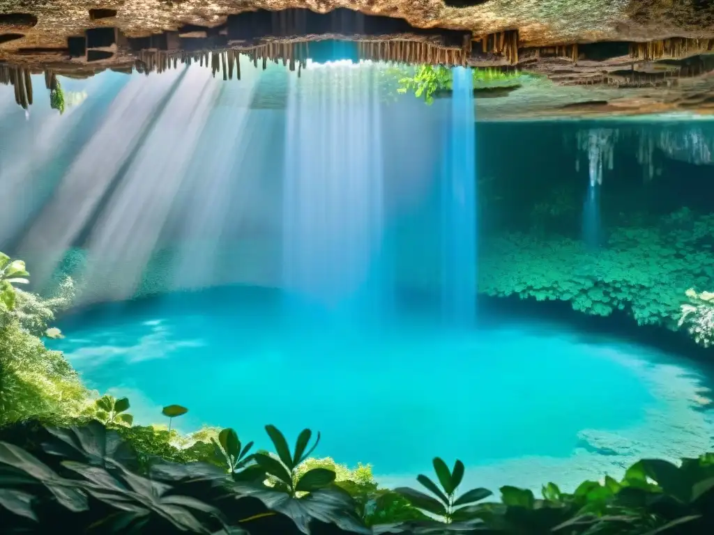 Un cenote majestuoso rodeado de exuberante vegetación, con agua azul reflejando la luz del sol entre símbolos mayas