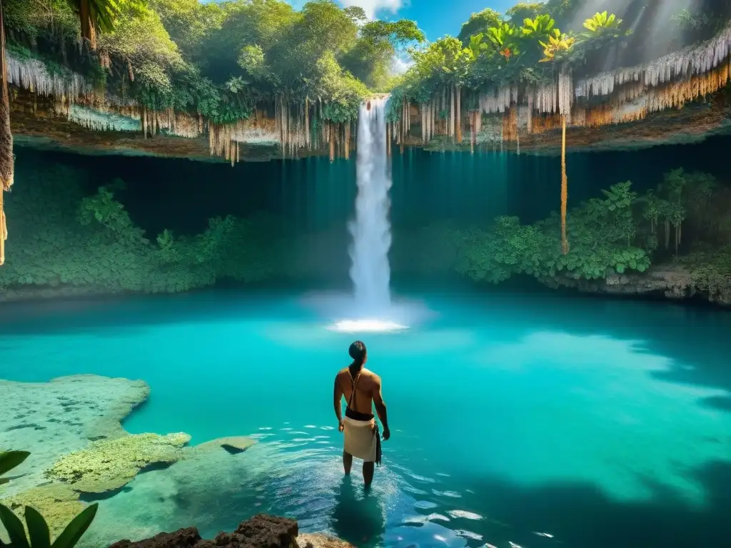 Un cenote majestuoso en la selva, con agua turquesa y un figura maya admirando su belleza