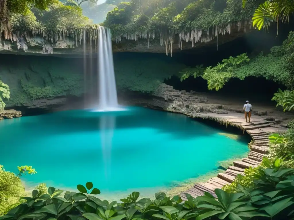 Un cenote majestuoso en la selva con aguas turquesas y un anciano maya reflexivo