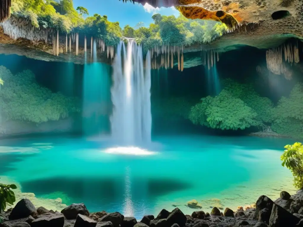 Un cenote majestuoso en la selva, con rayos de sol que iluminan el agua turquesa y estalactitas antiguas