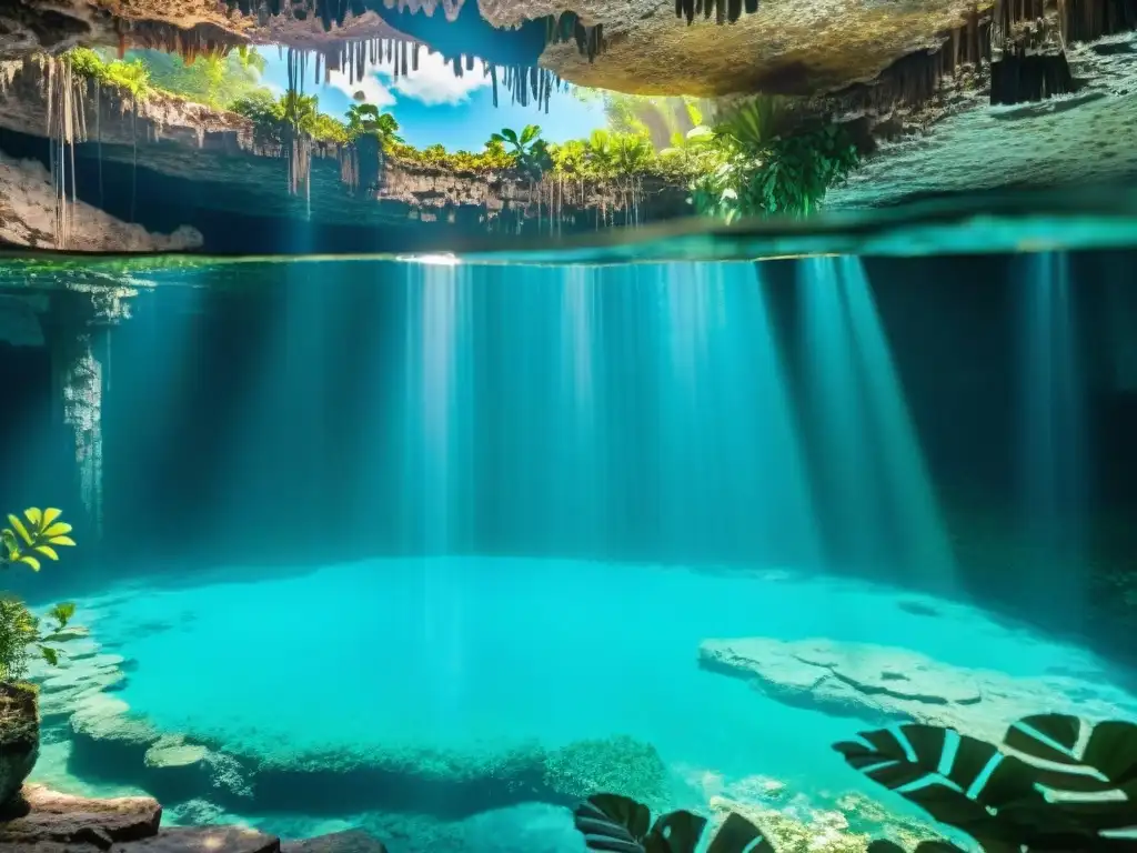 Cenote maya con agua turquesa, vegetación exuberante y grabados de mitos de creación