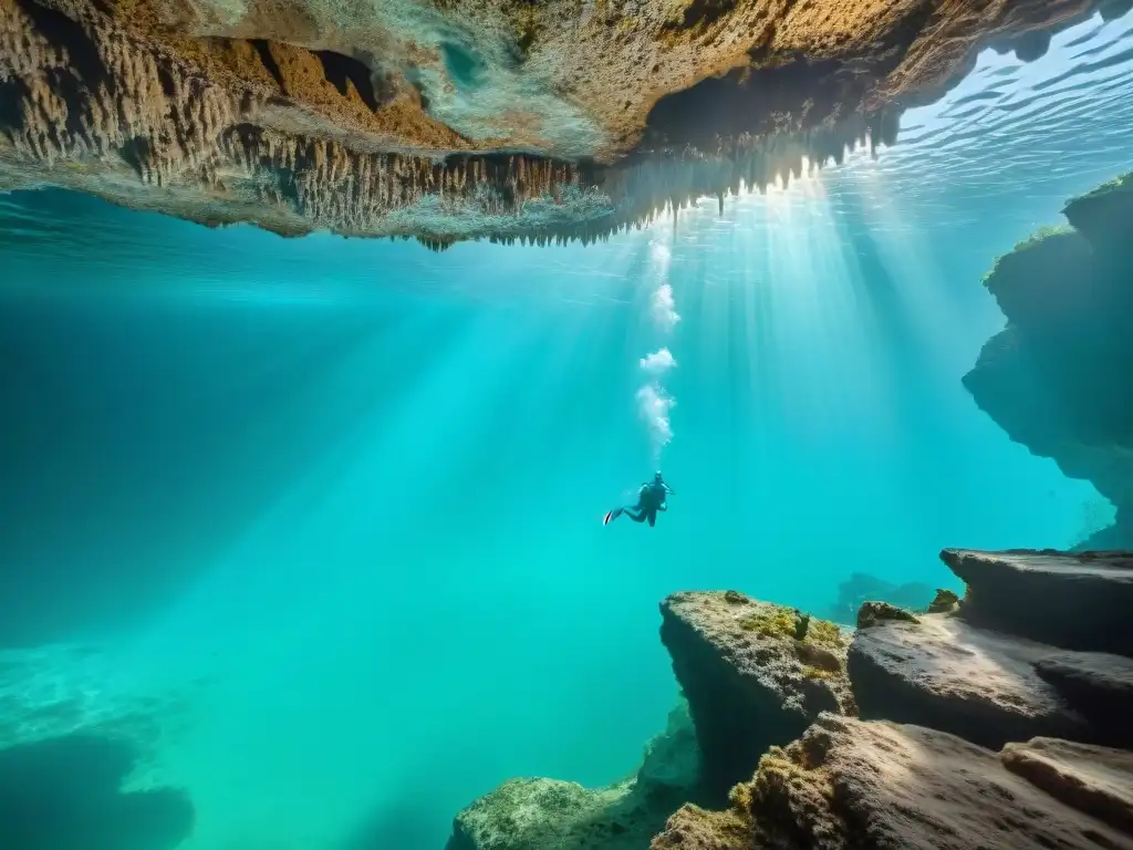 Exploración en cenote maya con agua turquesa, formaciones rocosas y buceador iluminado