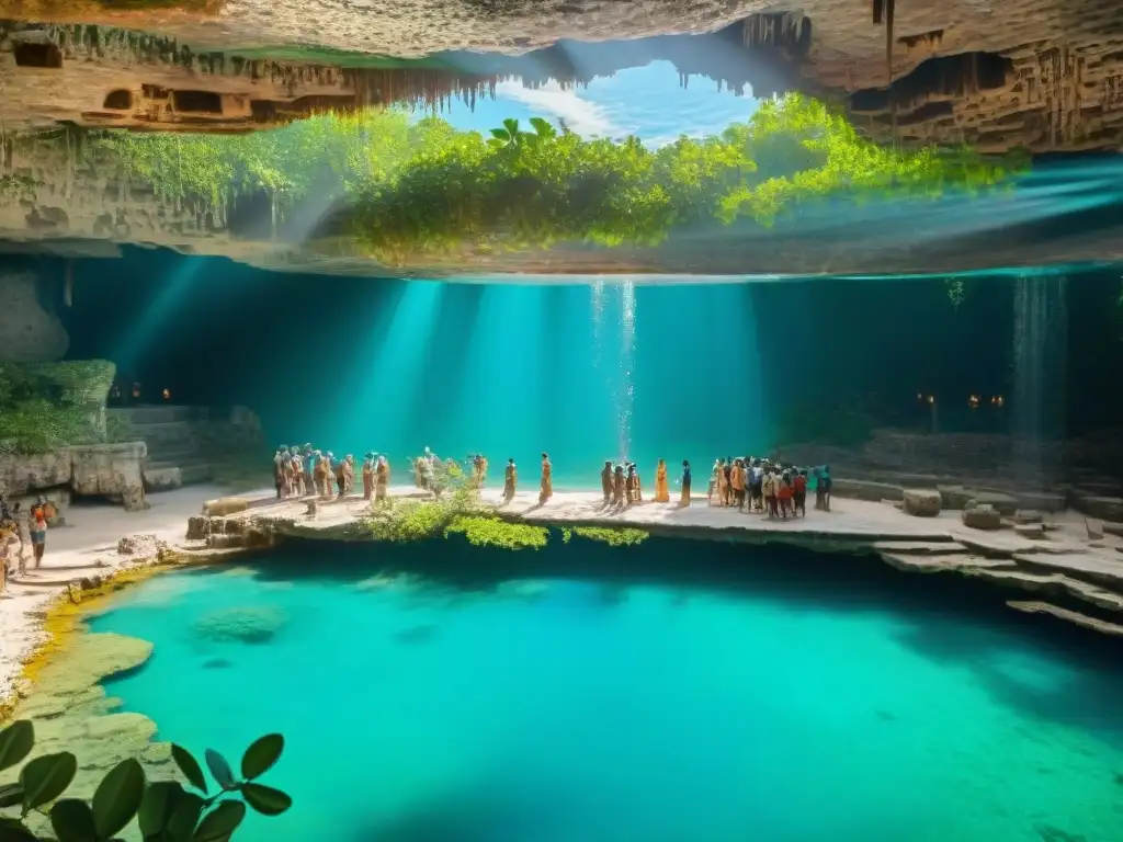 Cenote maya con deidades acuáticas y jeroglíficos, reflejando la importancia del agua en mayas