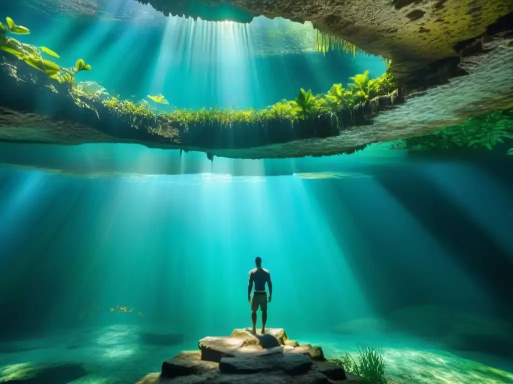 Un cenote maya lleno de misterio y belleza, reflejando el significado espiritual cenotes mayas