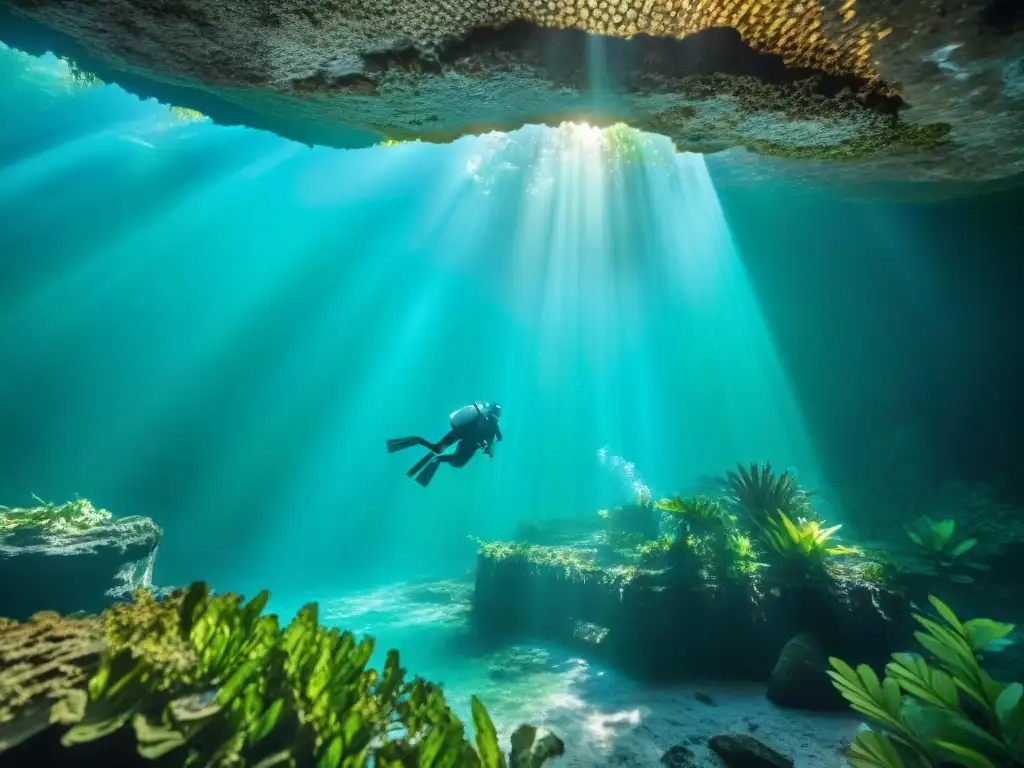 Exploración en cenote maya, reflejos turquesa bajo la densa jungla