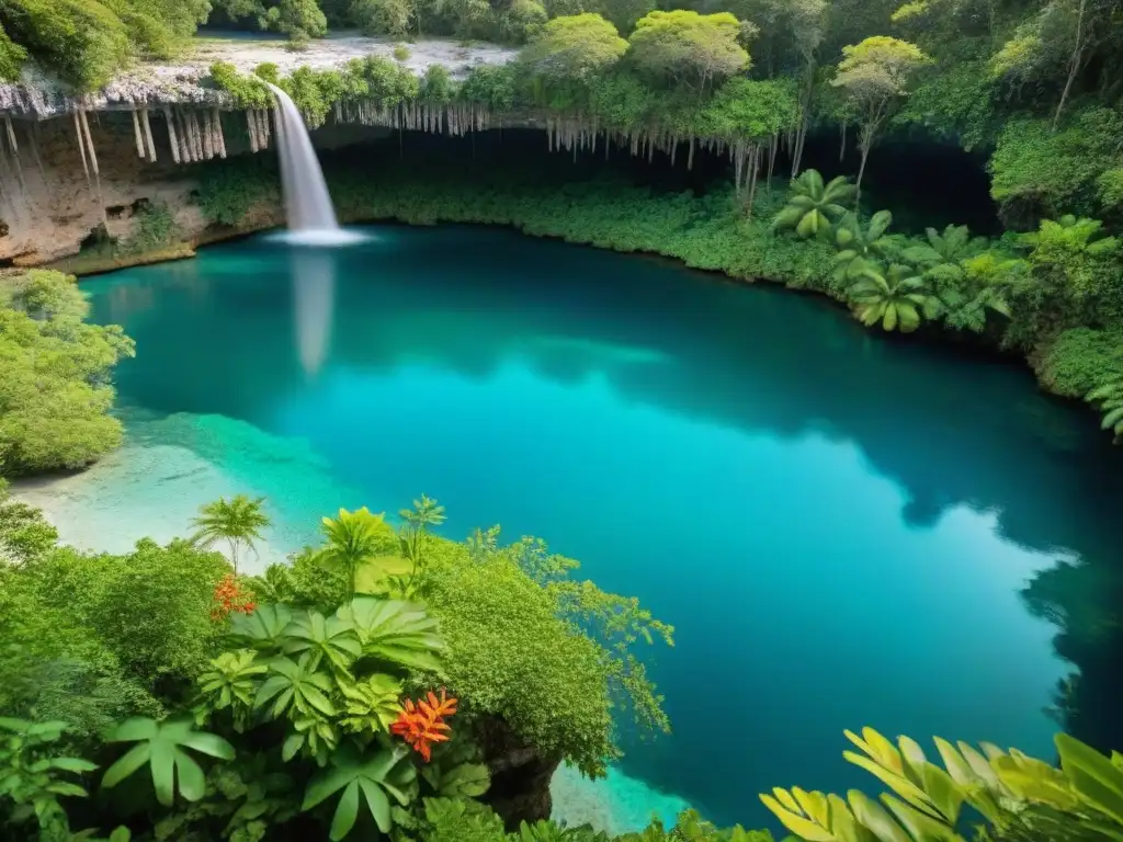 Cenote maya rodeado de vegetación exuberante y agua cristalina, reflejando la luz del sol filtrada entre la densa selva