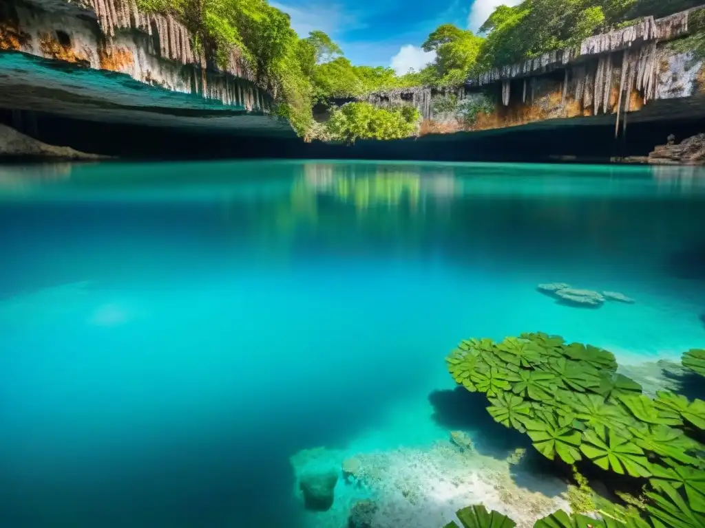 Un cenote maya rodeado de ruinas antiguas, agua cristalina y vegetación exuberante