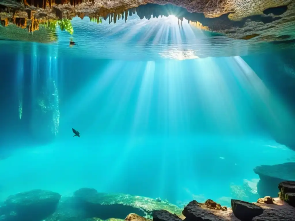 Un cenote maya sagrado con aguas turquesa cristalinas reflejando la luz del sol y estalactitas colgando del techo de la caverna