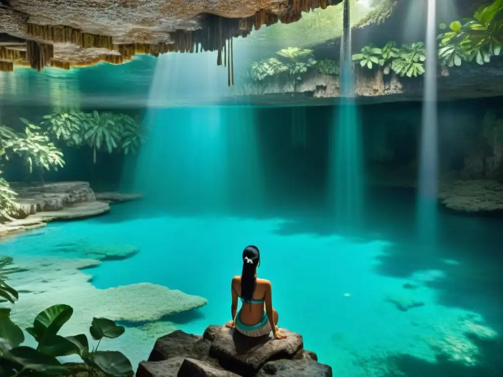 Un cenote maya sagrado, con aguas turquesa cristalinas rodeadas de vegetación exuberante