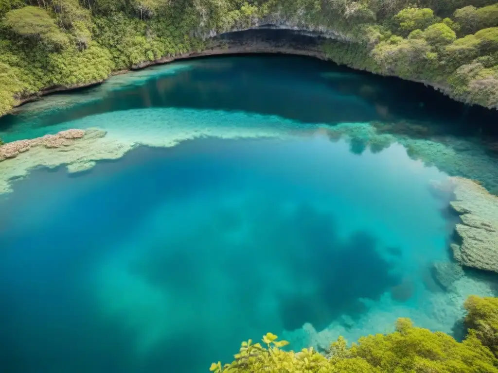 Un cenote maya sagrado rodeado de exuberante vegetación, con aguas cristalinas y formaciones rocosas subacuáticas