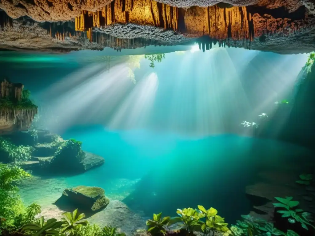 Un cenote místico en la selva yucateca con ruinas antiguas y agua cristalina reflejando la vegetación