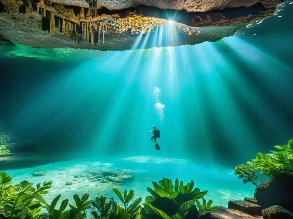 Un cenote profundo lleno de agua cristalina turquesa, con ofrendas mayas sumergidas y raíces colgando