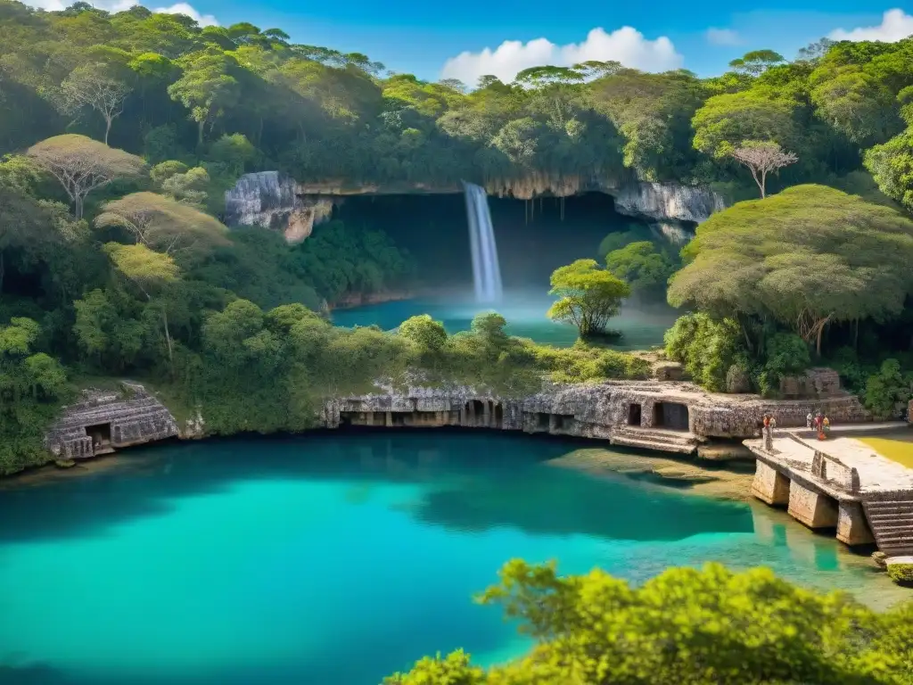 Un cenote sagrado en Chichén Itzá con aguas turquesas, vegetación exuberante y bordes rocosos, iluminado por un juego mágico de luces y sombras