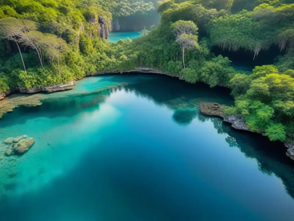 Un cenote sagrado maya rodeado de exuberante vegetación, agua cristalina y formaciones rocosas, en un entorno mágico y cultural