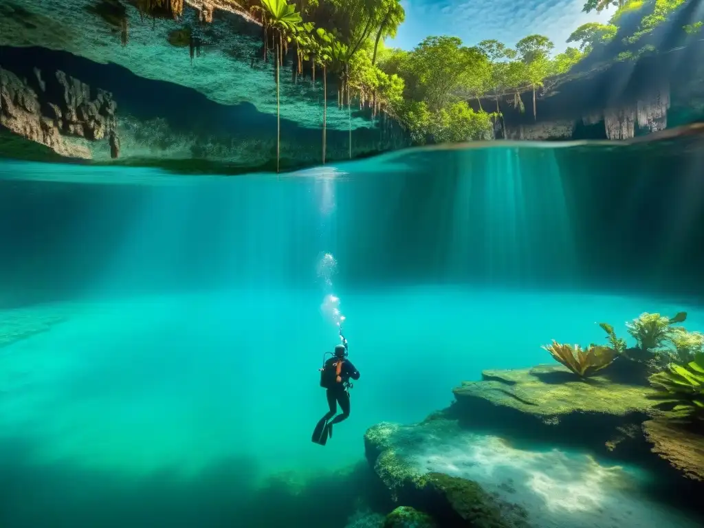 Explorando el cenote sereno bajo la densa selva del Yucatán, reflejando la luz en las formaciones rocosas acuáticas