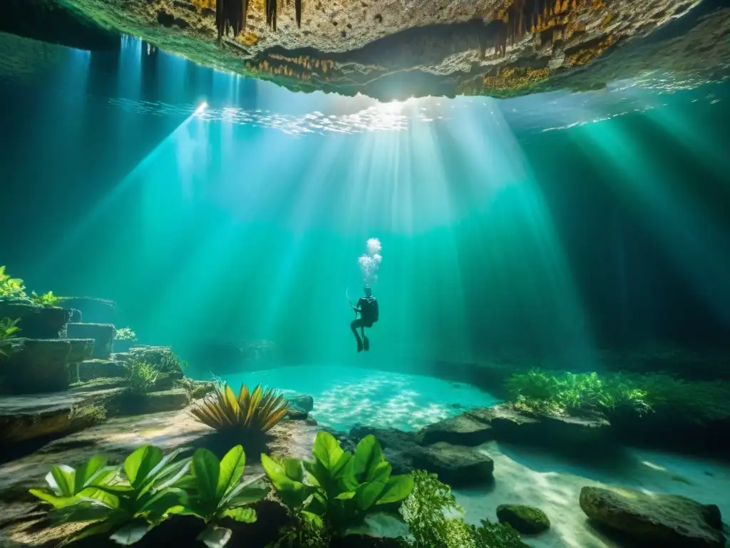 Un cenote subacuático con aguas turquesas rodeadas de vegetación exuberante