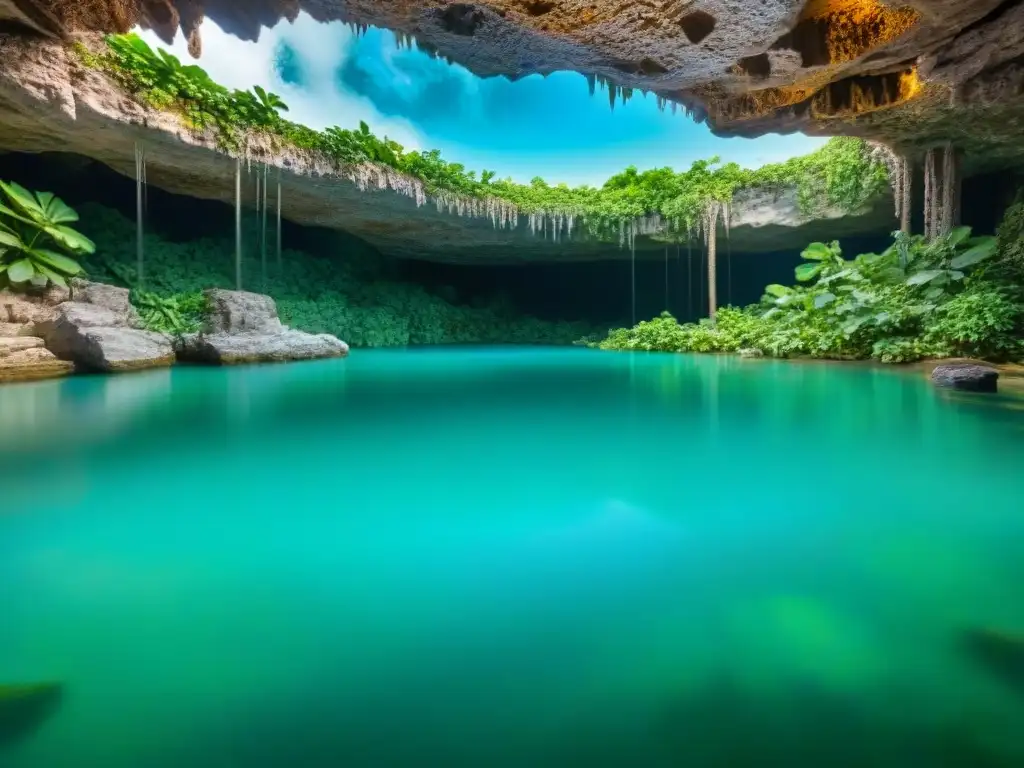 Un cenote subterráneo con agua turquesa cristalina reflejando estalactitas, rodeado de exuberante vegetación selvática