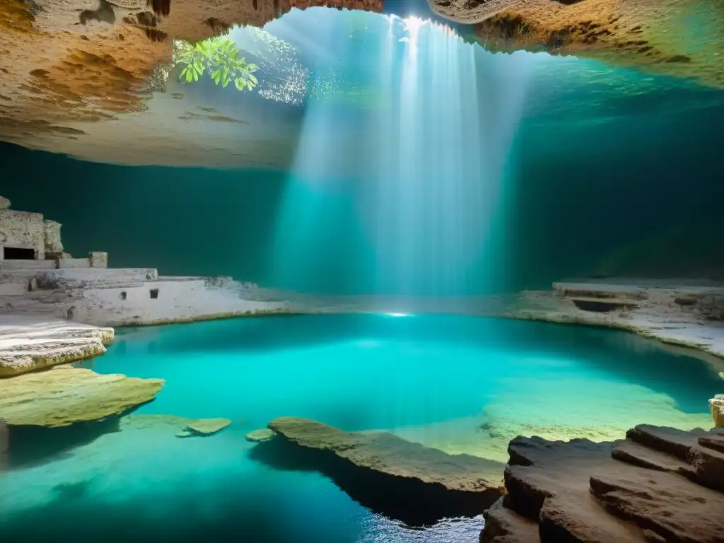 Explorando los cenotes en la cultura maya: una vista subacuática con formaciones de piedra caliza, aguas turquesas y artefactos antiguos