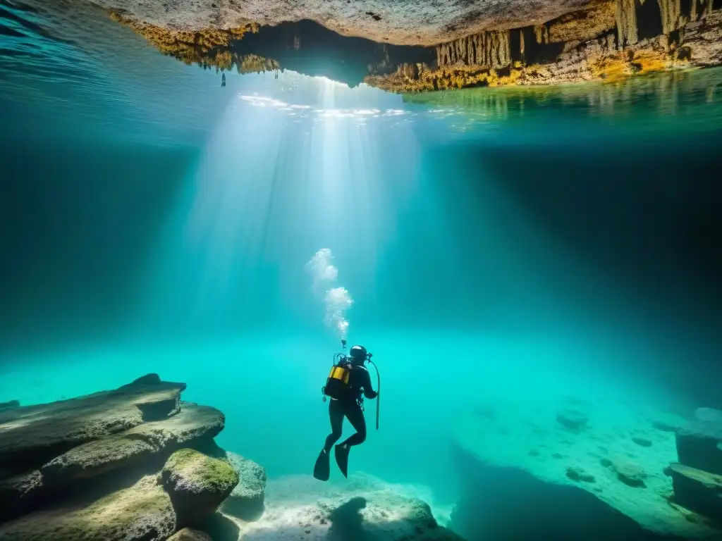 Exploración cenotes mayas equipo necesario: Equipo de exploradores en cenote subterráneo iluminado por sus linternas