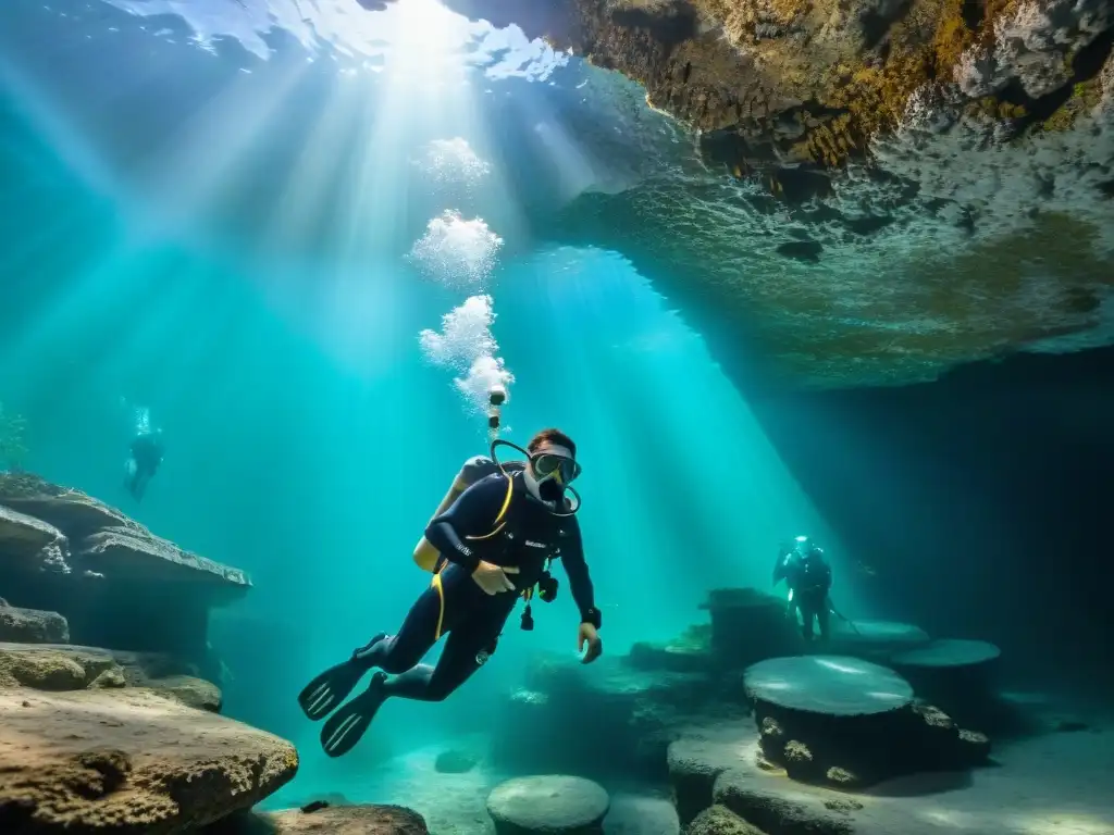 Exploración cenotes mayas: equipo necesario en mágica inmersión bajo el agua, iluminados por la luz solar