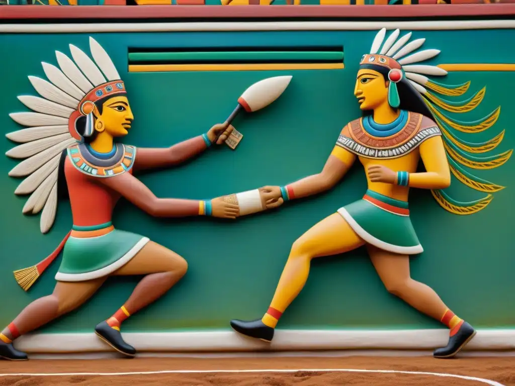 Representación en cerámica del Juego de Pelota Maya, con jugadores en vibrante partido