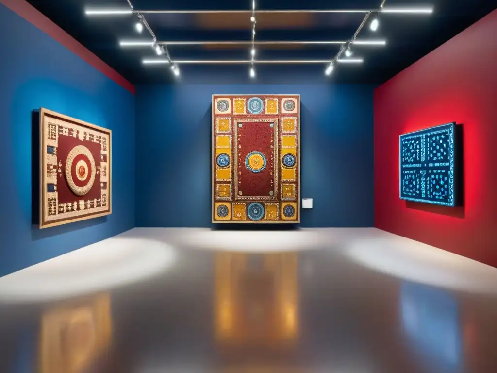 Instalación cerámica maya en galería contemporánea, destacando el uso del color en cerámica maya