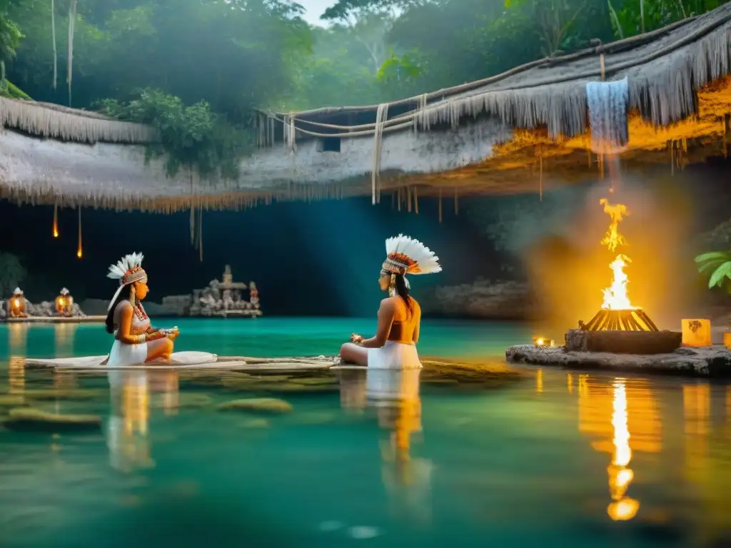 Ceremonia secreto maya purificación agua en cenote al anochecer con rituales y figuras chamánicas en la selva iluminada por antorchas