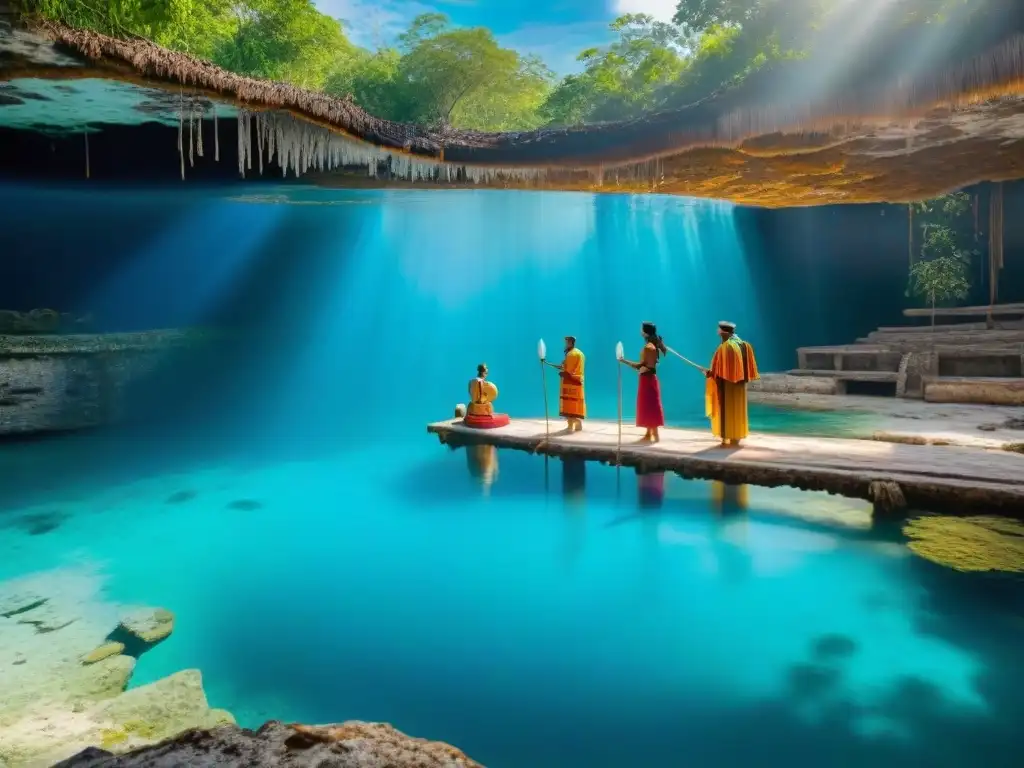 Una ceremonia ancestral de descendientes mayas en un cenote sagrado, fusionando cultura y naturaleza